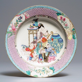 A fine Chinese famille rose 'ruby back' eggshell plate with a lady with three boys, Yongzheng